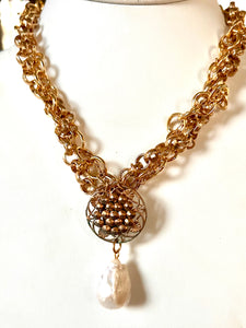 Layered Cut Steel and Pearl Necklace